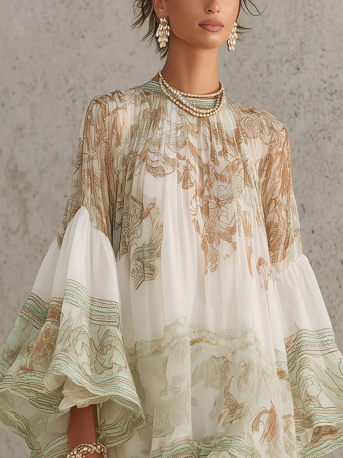 Abito Mini in Chiffon con Maniche a Volant e Orlo a Righe Verdi