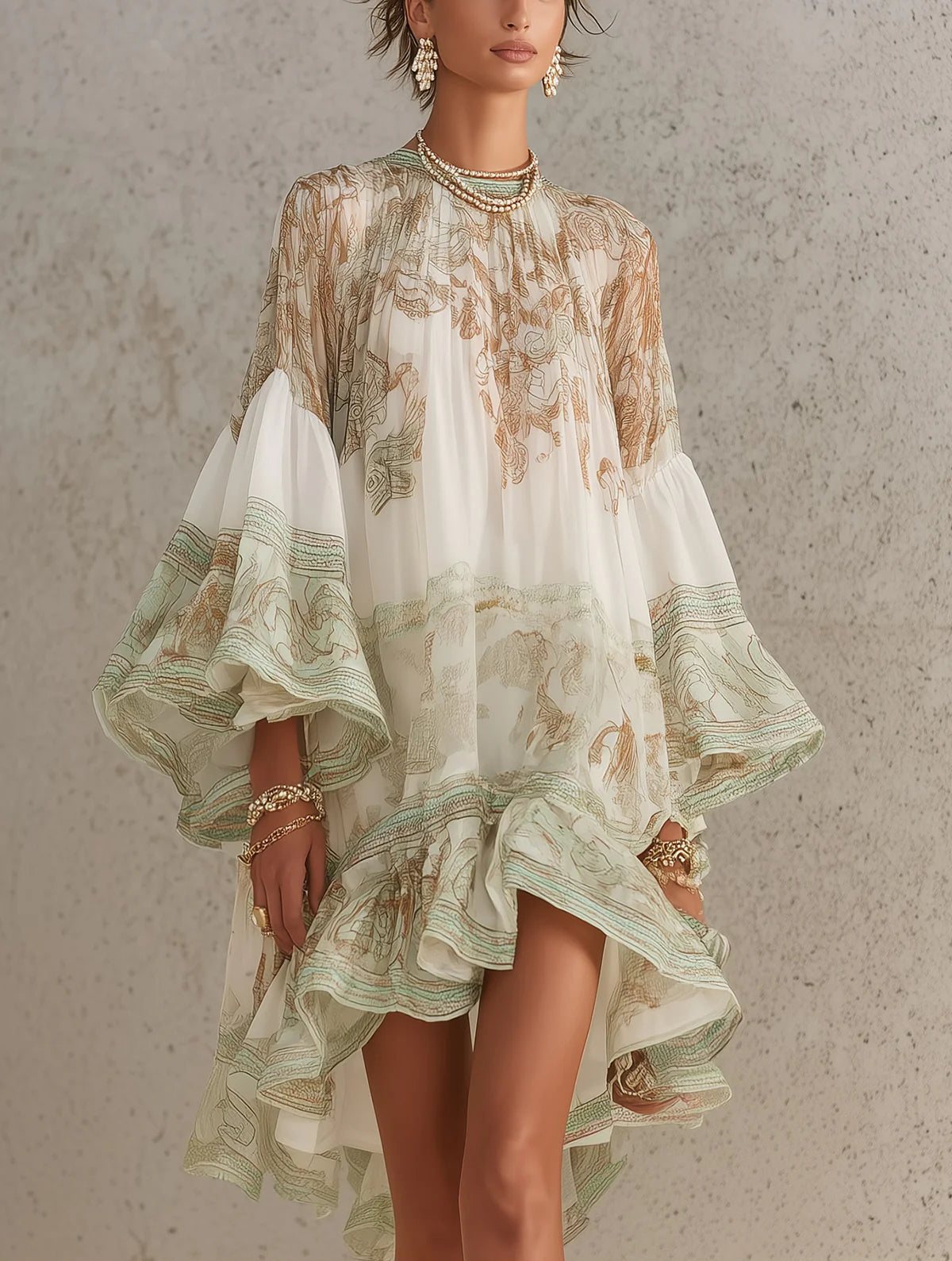 Abito Mini in Chiffon con Maniche a Volant e Orlo a Righe Verdi