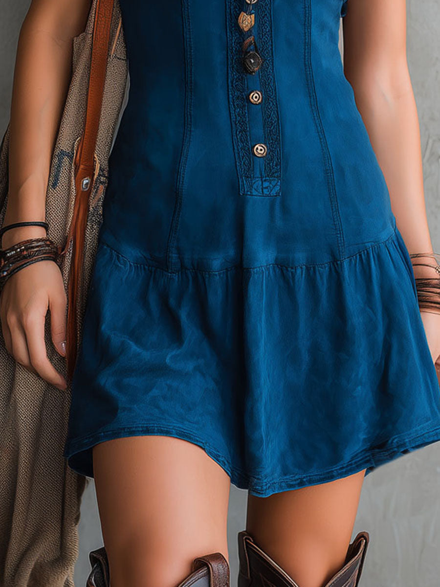 Abito Mini Senza Maniche con Scollo a V e Bottoni in Indigo Bohemien