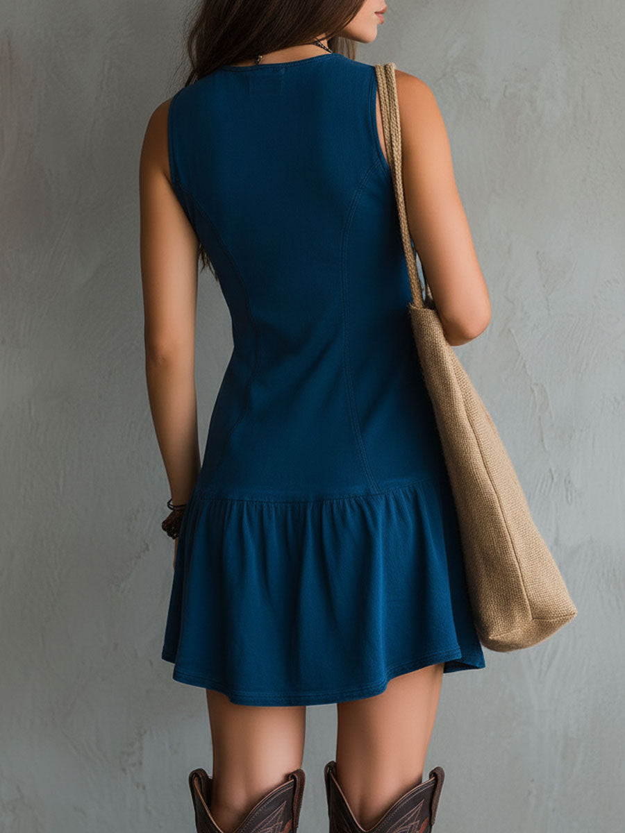 Abito Mini Senza Maniche con Scollo a V e Bottoni in Indigo Bohemien