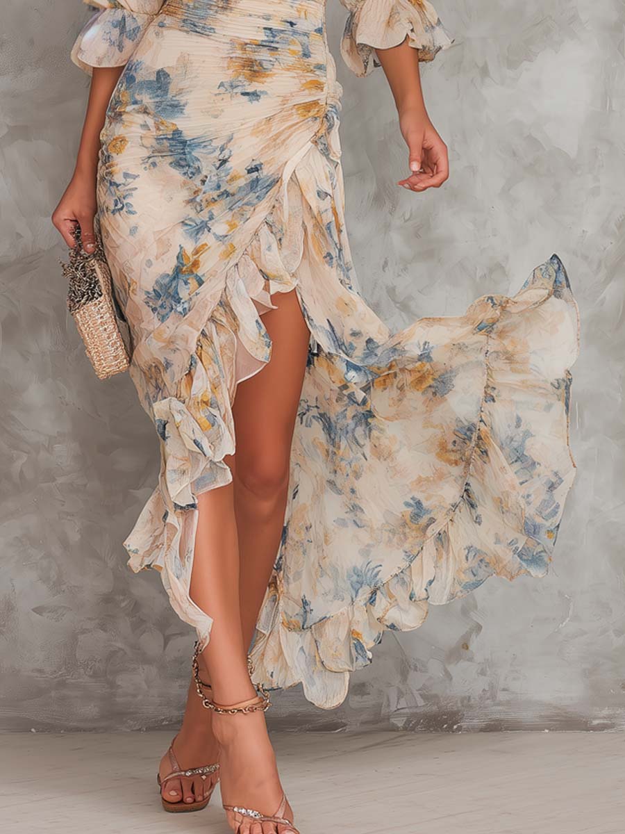 Abito Maxi Irregolare in Chiffon con Stampa Floreale e Collo Alto Beige