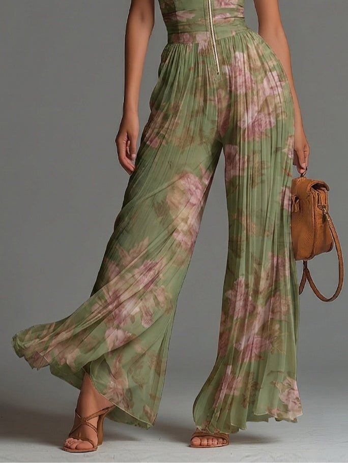 Tuta in Chiffon Verde Floreale con Scollatura a V, Senza Maniche, con Zip e Pantaloni a Gamba Larga