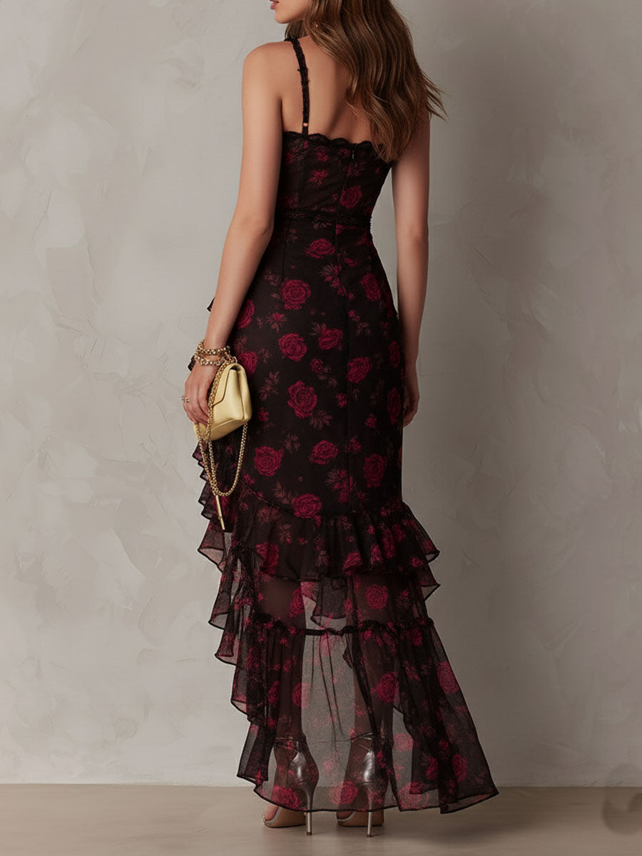 Abito Chic Nero e Rosso con Fiori Arricciato e Orlo a Ruffle