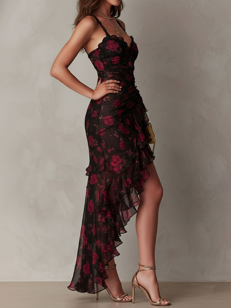 Abito Chic Nero e Rosso con Fiori Arricciato e Orlo a Ruffle