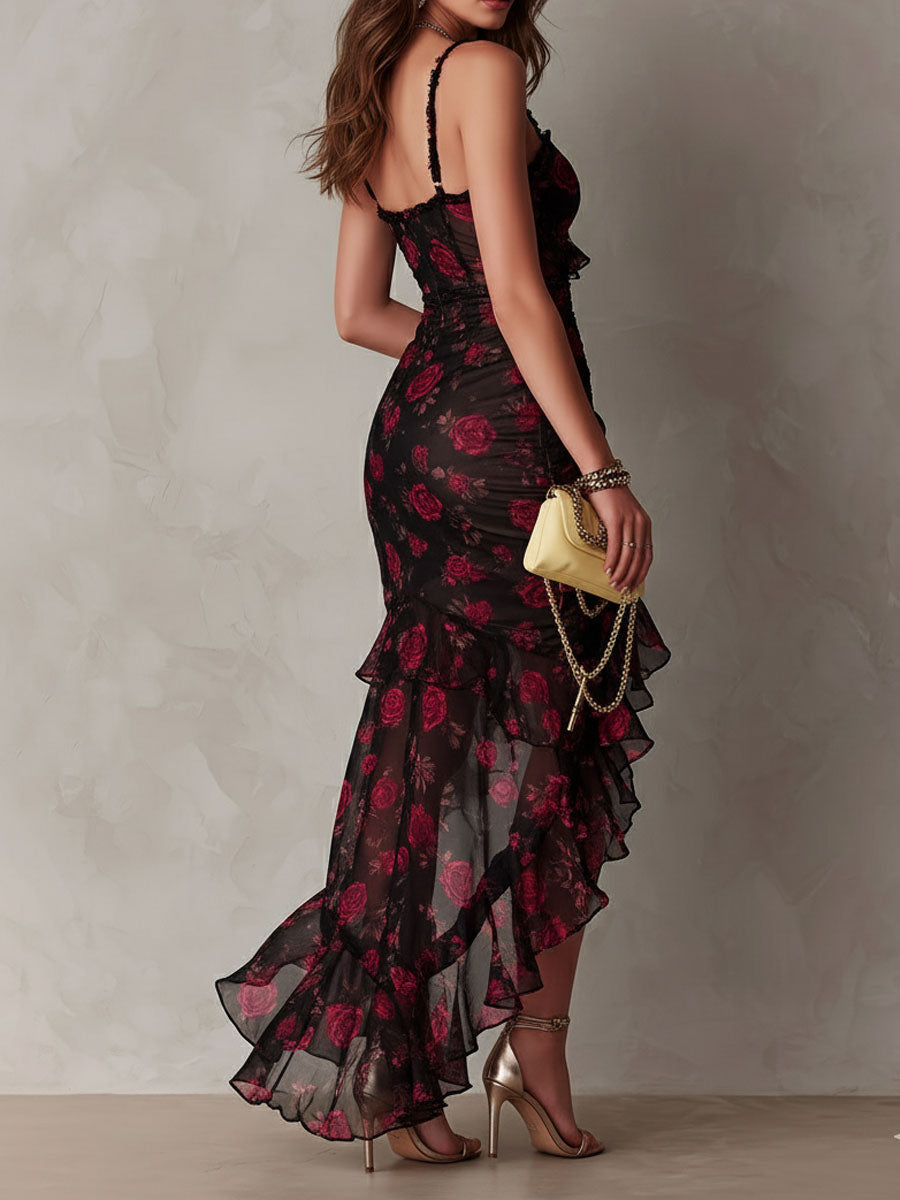 Abito Chic Nero e Rosso con Fiori Arricciato e Orlo a Ruffle