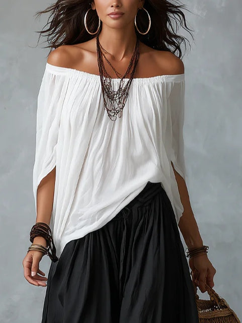 Top Bianco Off-the-shoulder e Pantaloni Lantern Loose-fitting