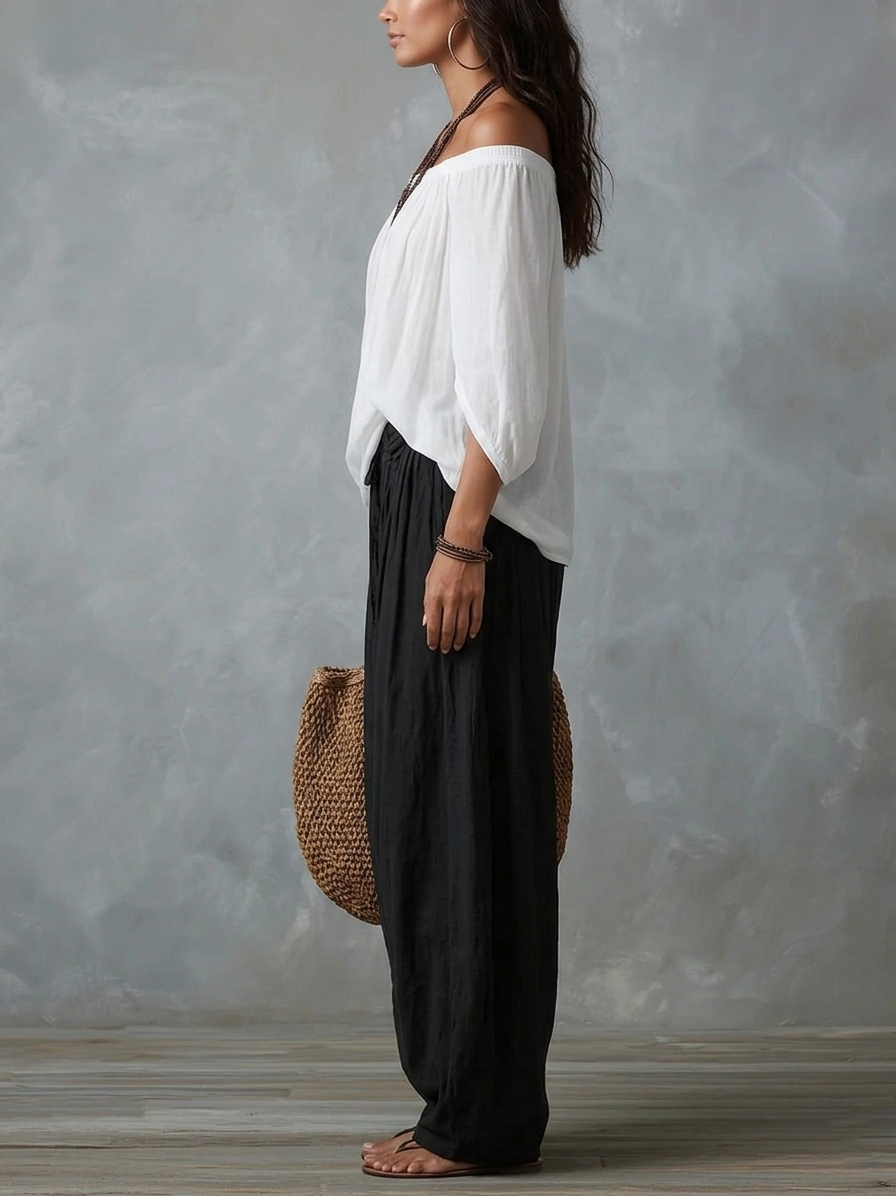 Top Bianco Off-the-shoulder e Pantaloni Lantern Loose-fitting