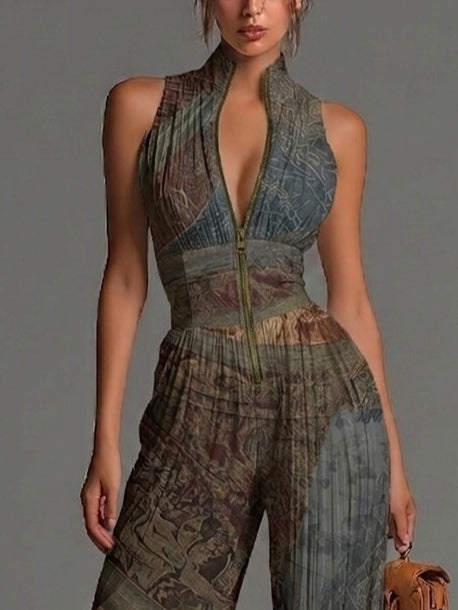 Tuta senza maniche in chiffon con zip e stampa etnica bohemien