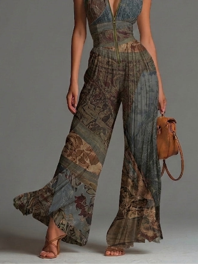 Tuta senza maniche in chiffon con zip e stampa etnica bohemien