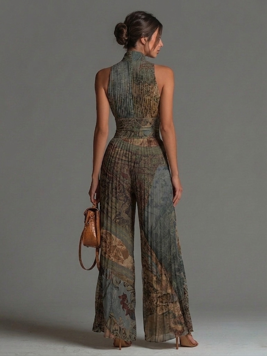 Tuta senza maniche in chiffon con zip e stampa etnica bohemien