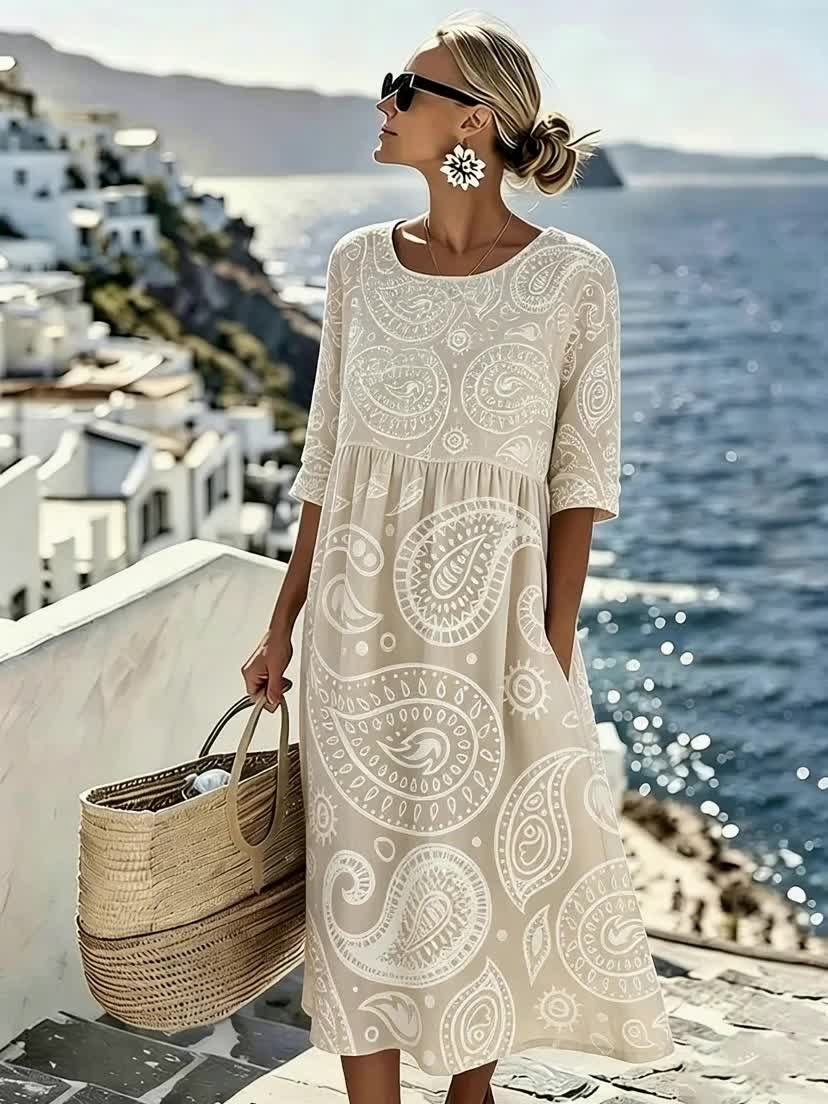Dames Boho Midi Jurk, Losse Pasvorm, A-lijn, Fluwelen, Witte Paisley Print Jurk voor Strand, Vakantie, Zomerse Uitjes