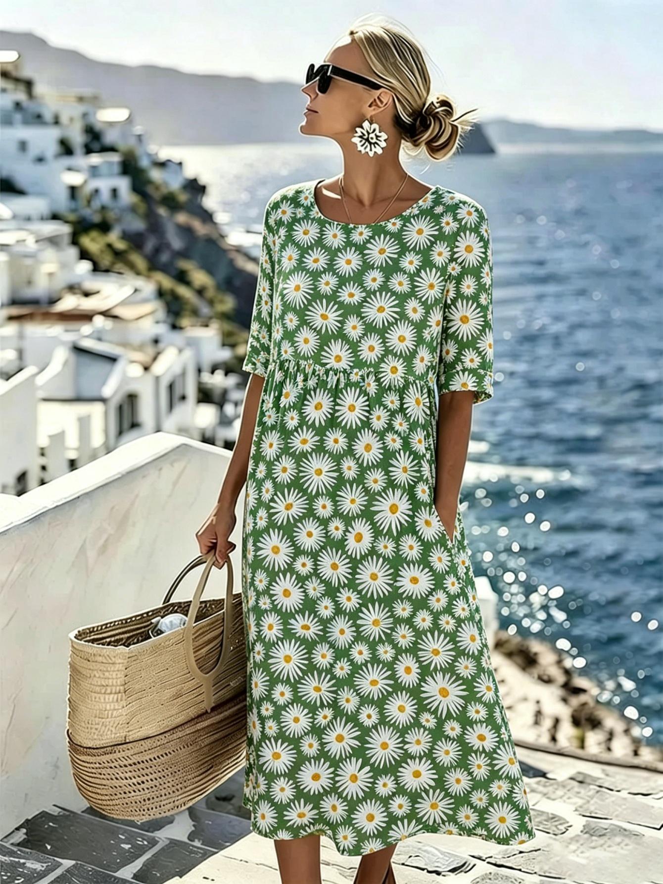 Grote maten, damesjurk in grote maten met zakken, driekwartmouwen, ronde hals, losse pasvorm, hoge taille, geplooid ontwerp, groen-witte madeliefjesprint, bohemien stijl, perfect voor stranduitjes en casual zomervakanties, 2D platte print, 2D plat
