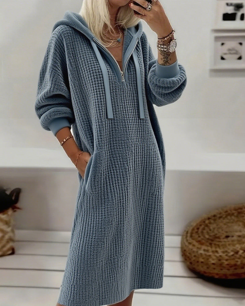 Georgina – Casual Hooded Honeycomb Knit Fleece dress