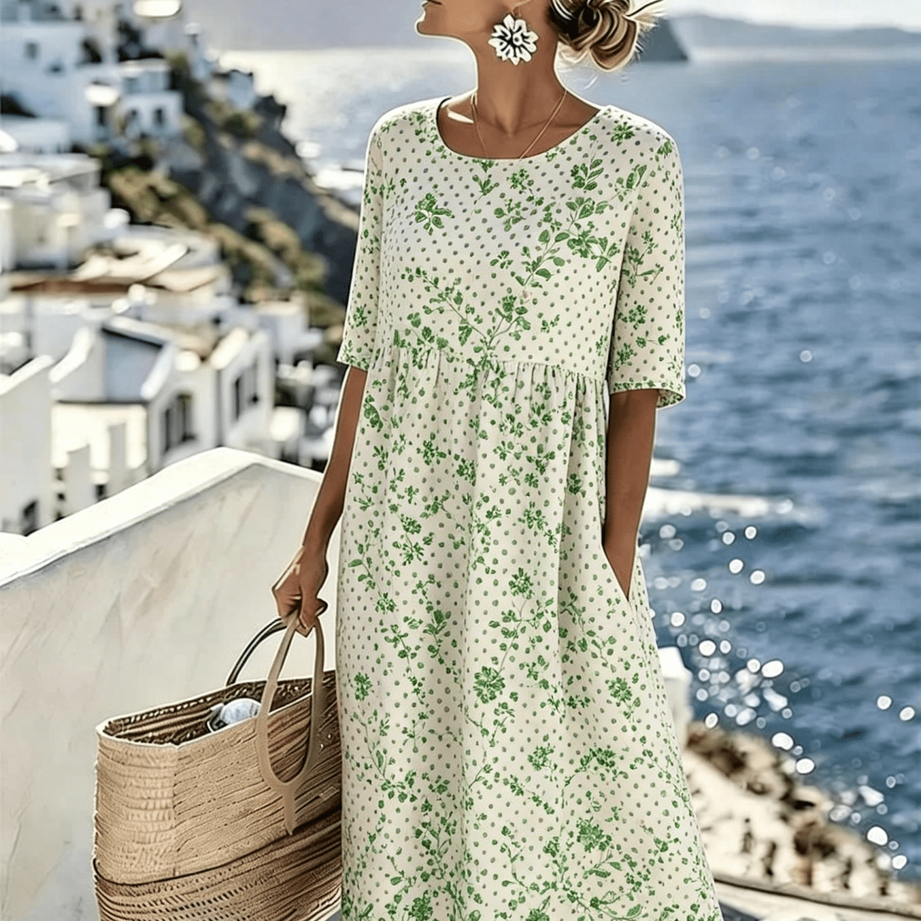 Dames Midi Jurk in Grote Maten, Casual Losse Empire Taille Swing Jurk met Brede Schouders en Zijzakken, Witte Basis met Groene Bloemenrank & Polka Dot Print, Perfecte Zomer Strandkleding voor Curvy Dames in Grote Maten