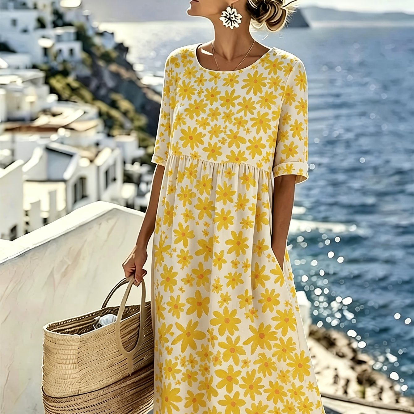 Dames Midi-jurk met paars-witte madeliefjes bloemenprint, ronde hals, driekwartmouwen, losse pasvorm, zomerjurk voor strandvakantie, casual jurk voor dames