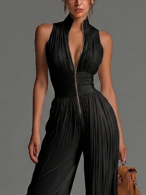 Tuta in Chiffon Nera Senza Maniche con Zip e Pieghe a Gamba Larga