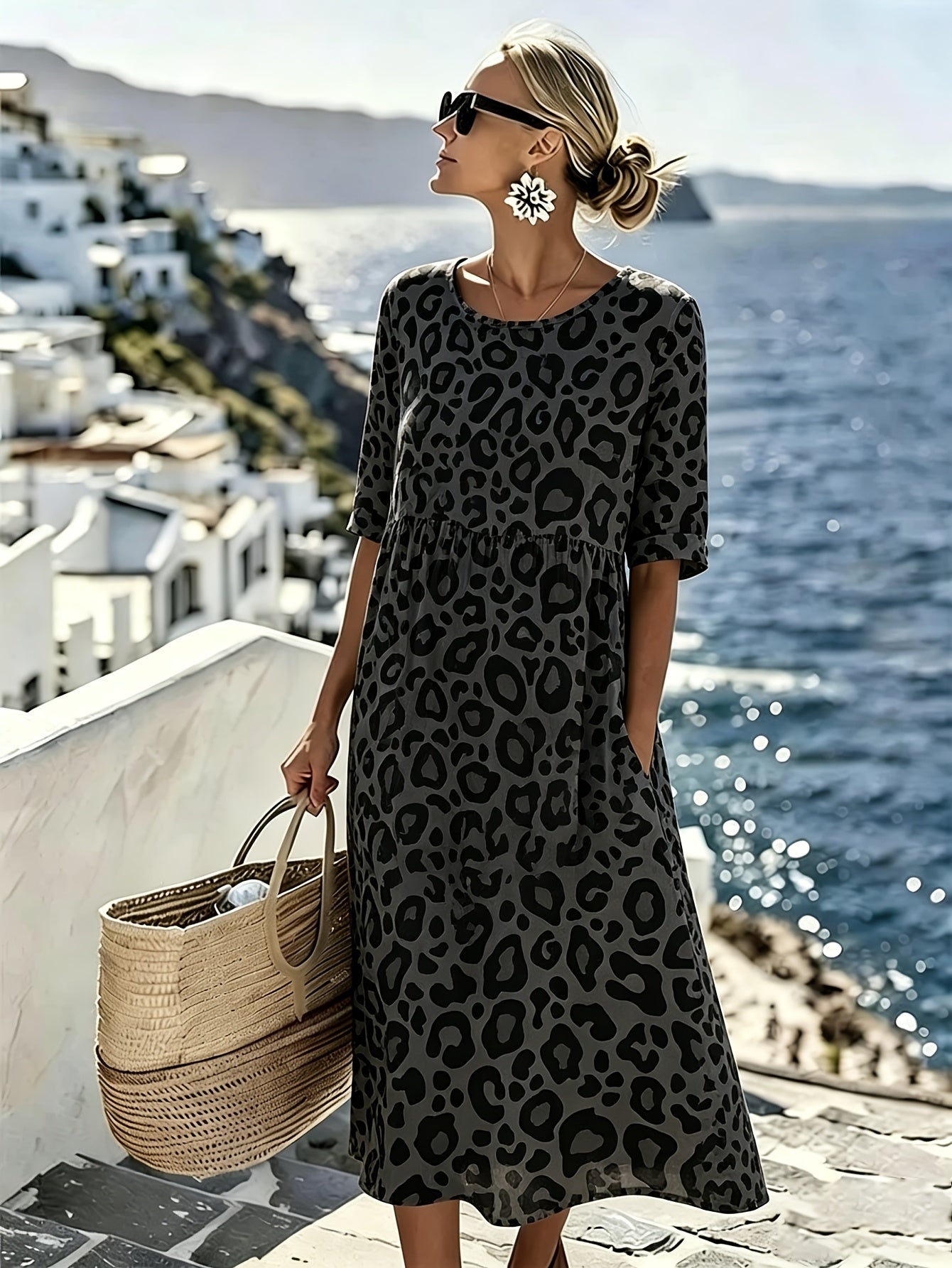 Sienna™ | Charcoal Leopard Midi Dress