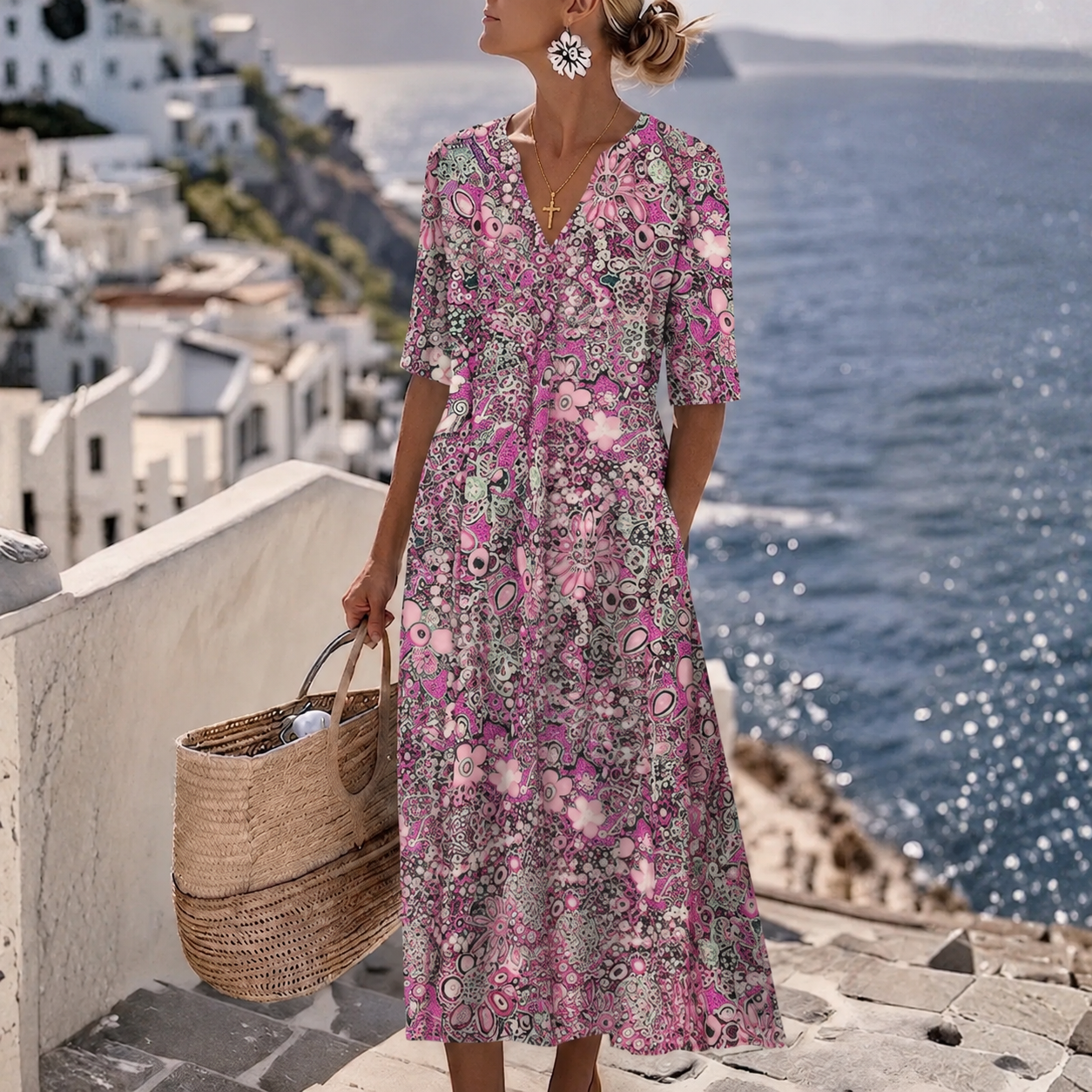 Janice™ | Elegant Summer Midi Dress with Belly Cover