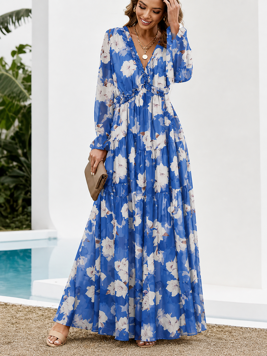 Women’s Long Sleeve Maxi Dress with V-Neck and Tiered Floral Print Skirt