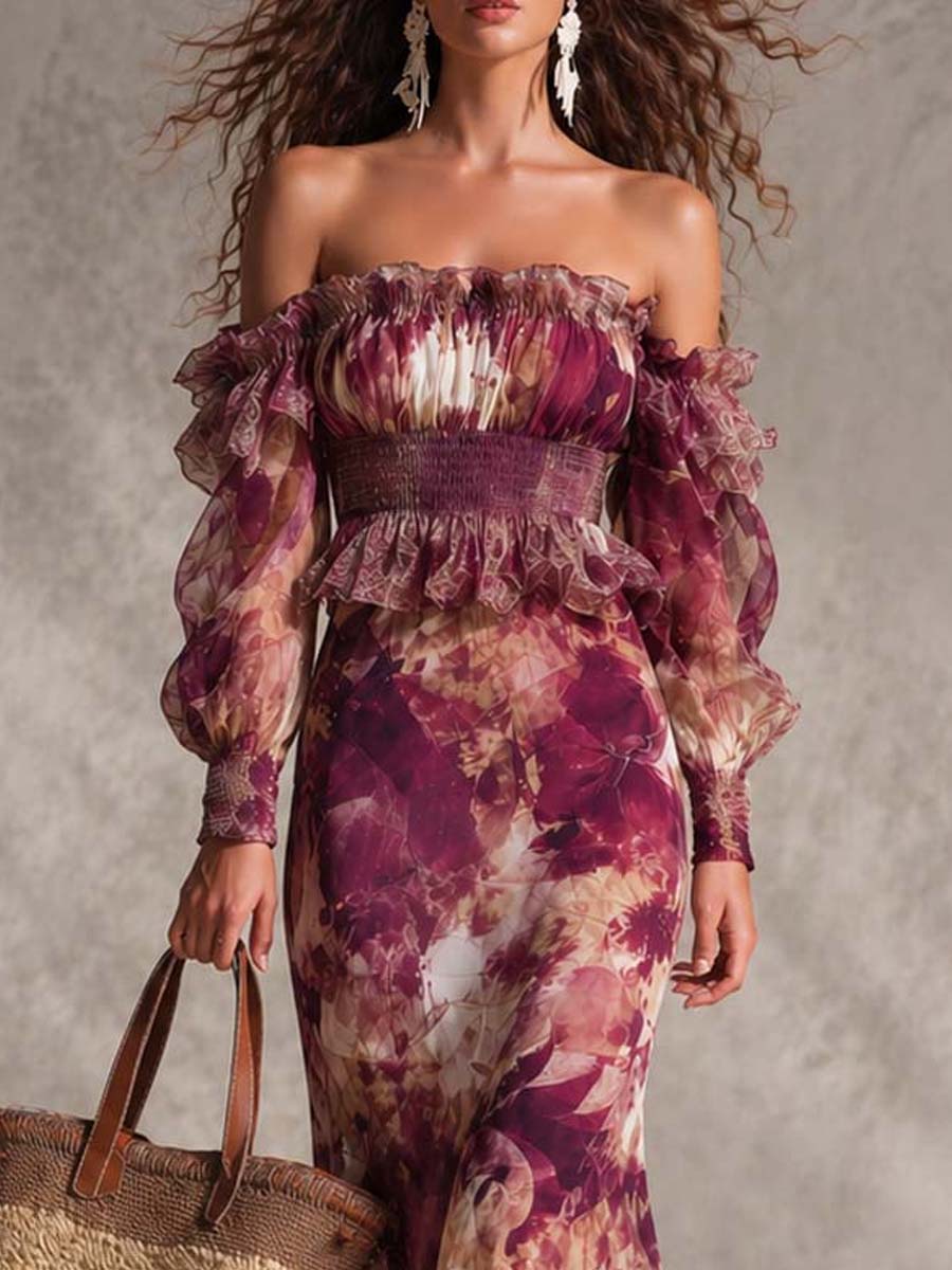 Abito Maxi Chiffon Off-Shoulder Rosa Pallido con Fiori