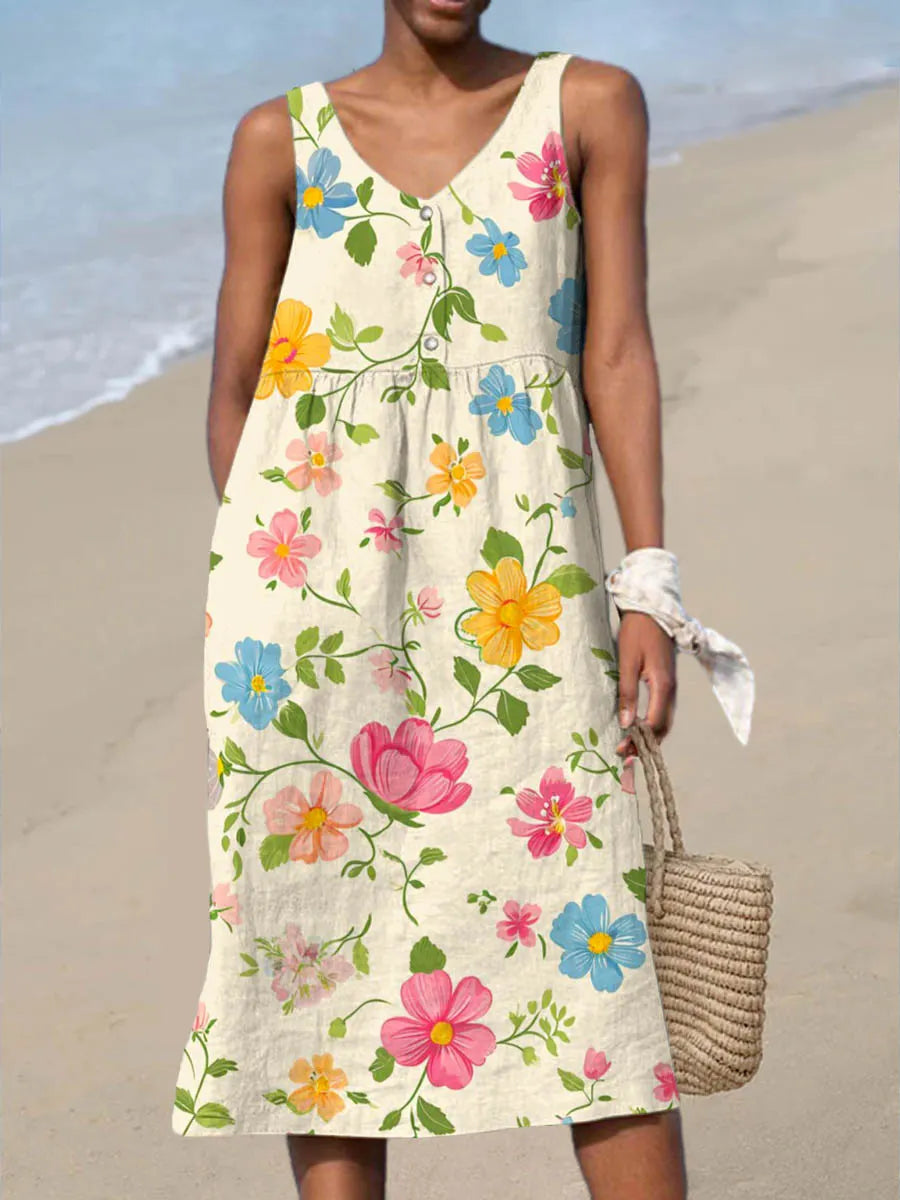 Amara - Sleeveless Cotton Linen Floral Art Print Dress