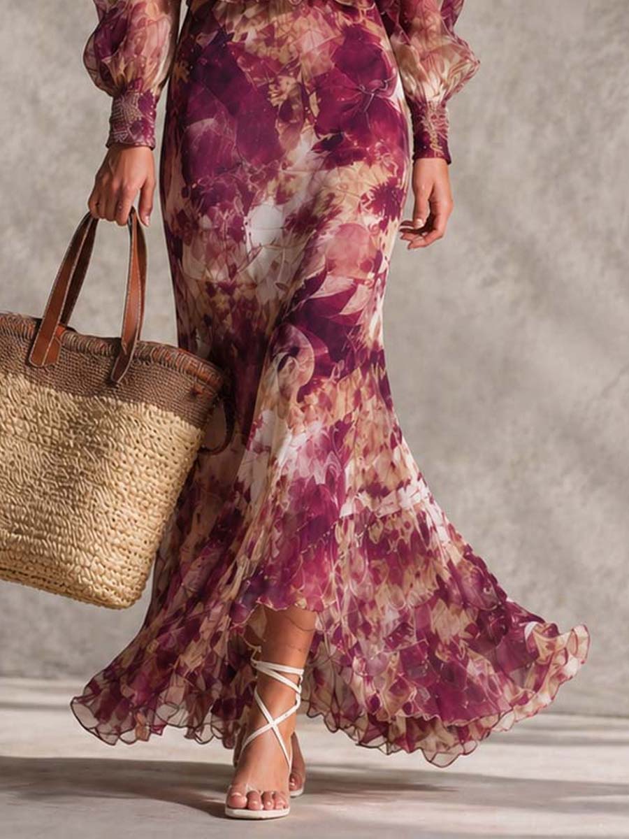 Abito Maxi Chiffon Off-Shoulder Rosa Pallido con Fiori