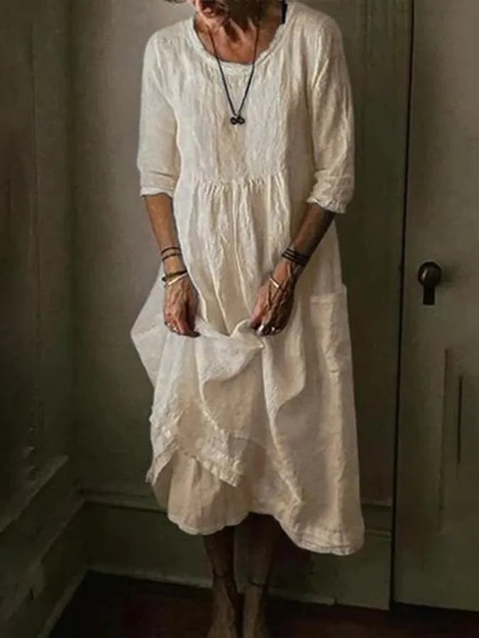 Félesca | Women's cotton linen maxi summer dress with round neck and short sleeves