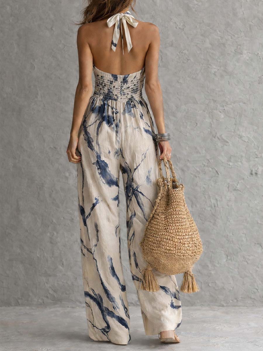 Jumpsuit con scollo all'americana e stampa ad inchiostro lavato, con tasche e gamba larga