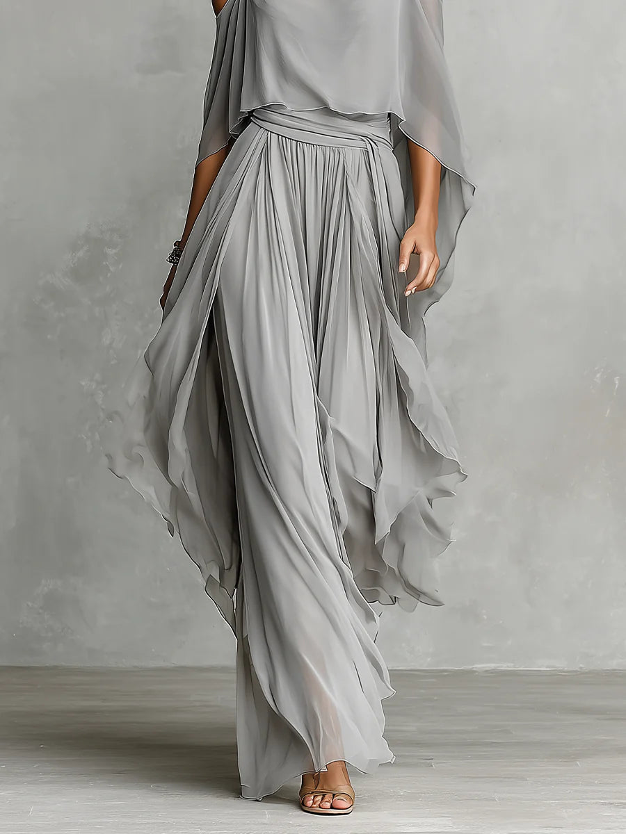 Set in chiffon grigio con top fluido senza spalline e pantaloni