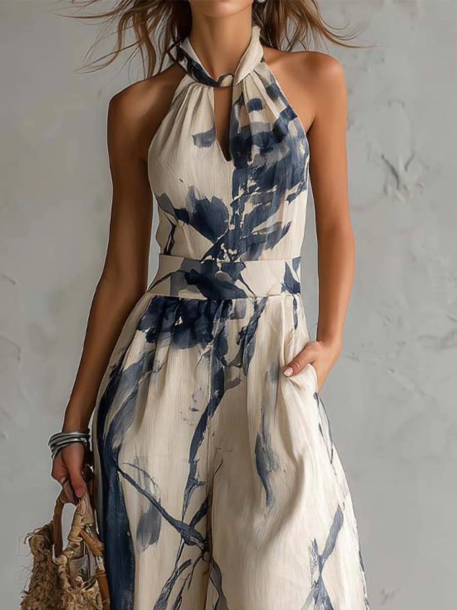 Jumpsuit con scollo all'americana e stampa ad inchiostro lavato, con tasche e gamba larga