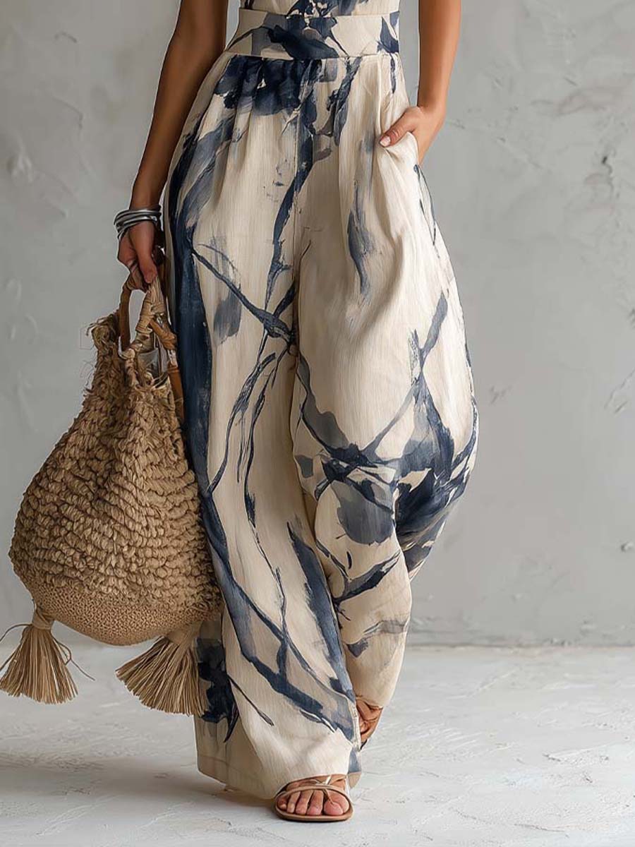 Jumpsuit con scollo all'americana e stampa ad inchiostro lavato, con tasche e gamba larga
