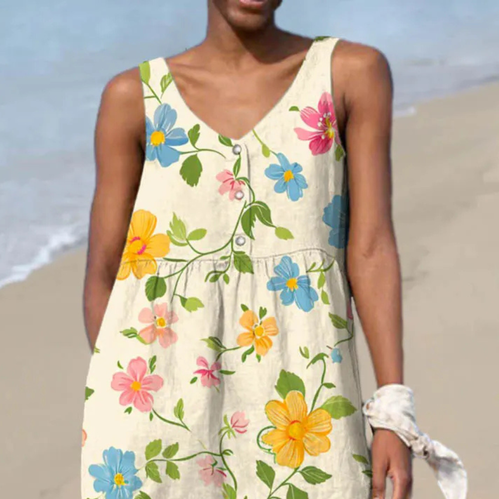 Amara - Sleeveless Cotton Linen Floral Art Print Dress