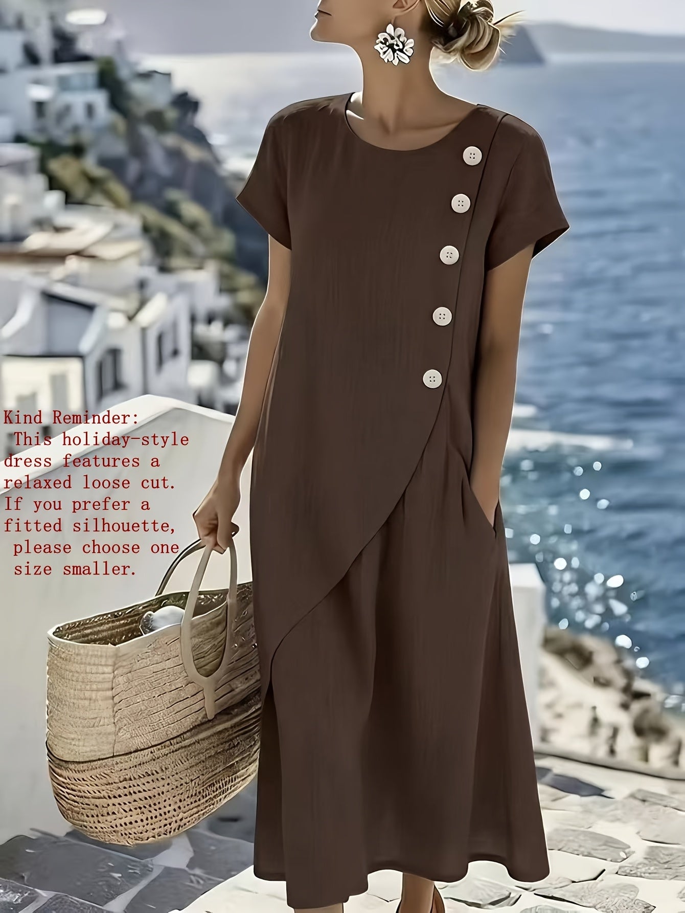 YYTT - Elegante damesjurk in eilandstijl voor op vakantie, ronde hals, korte mouwen, losse zoom, vloeiende lange jurk, linnen lichtgewicht en ademend, geschikt voor reizen, strand, feestjes en meerdere gelegenheden, frisse zomerjurk met losse pasvorm voor