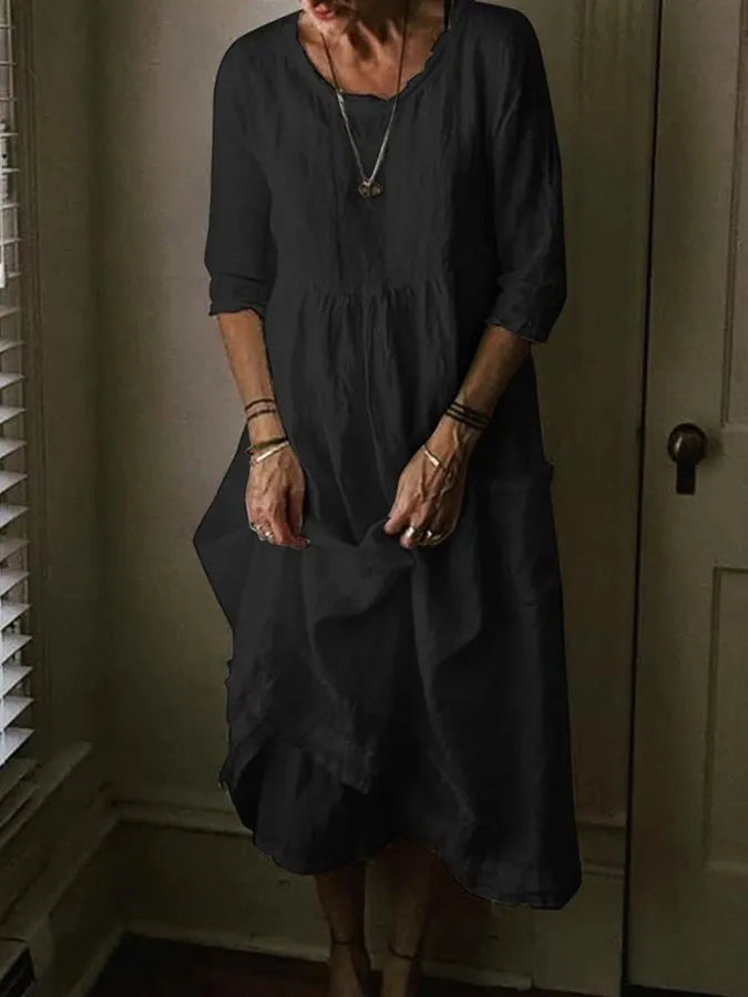 Félesca | Women's cotton linen maxi summer dress with round neck and short sleeves