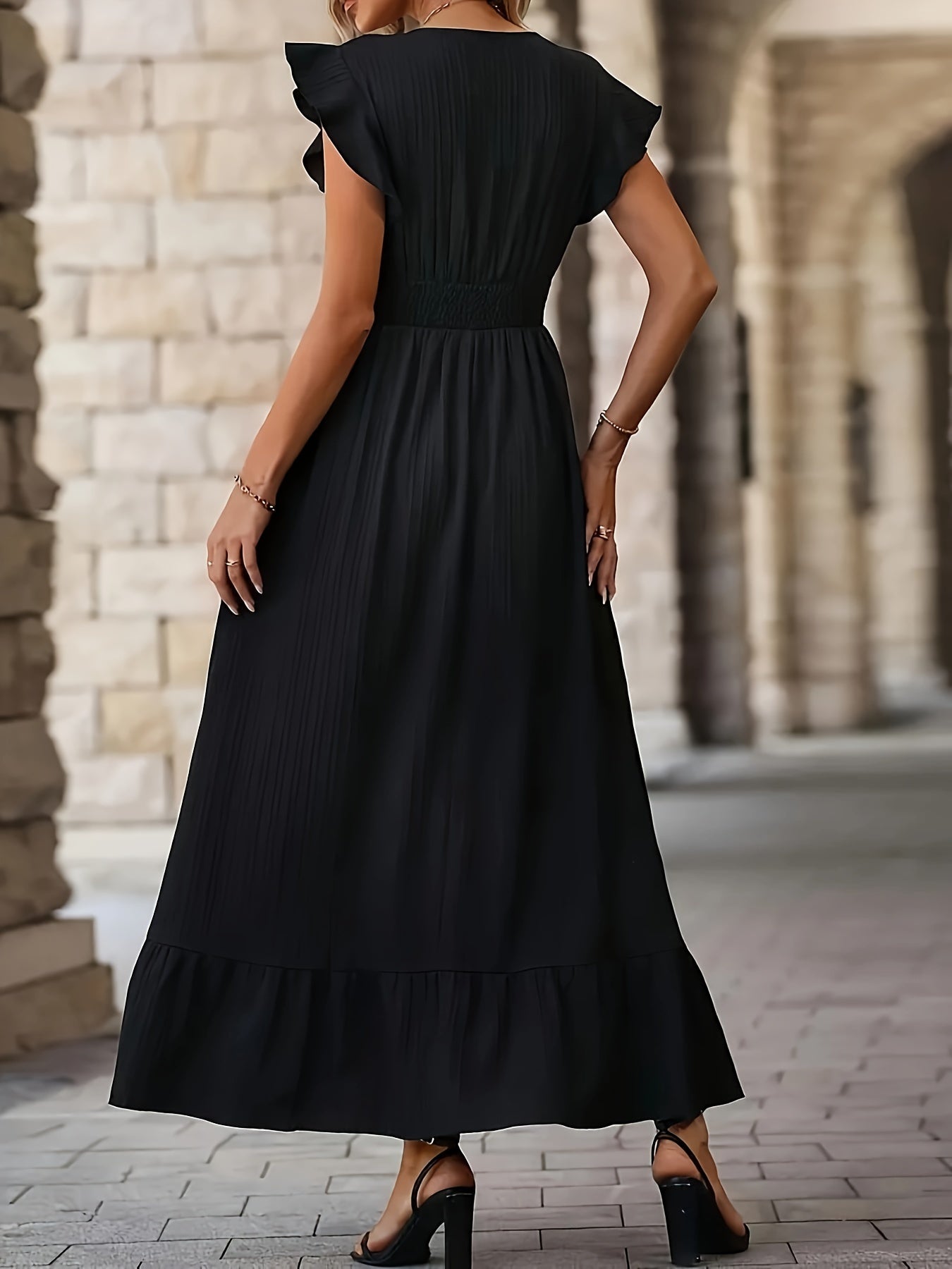 Resti | Deep V-Neck Maxi Dress with Short Sleeves, Cinched Waist, and Ruffle Details – Effortless Elegance