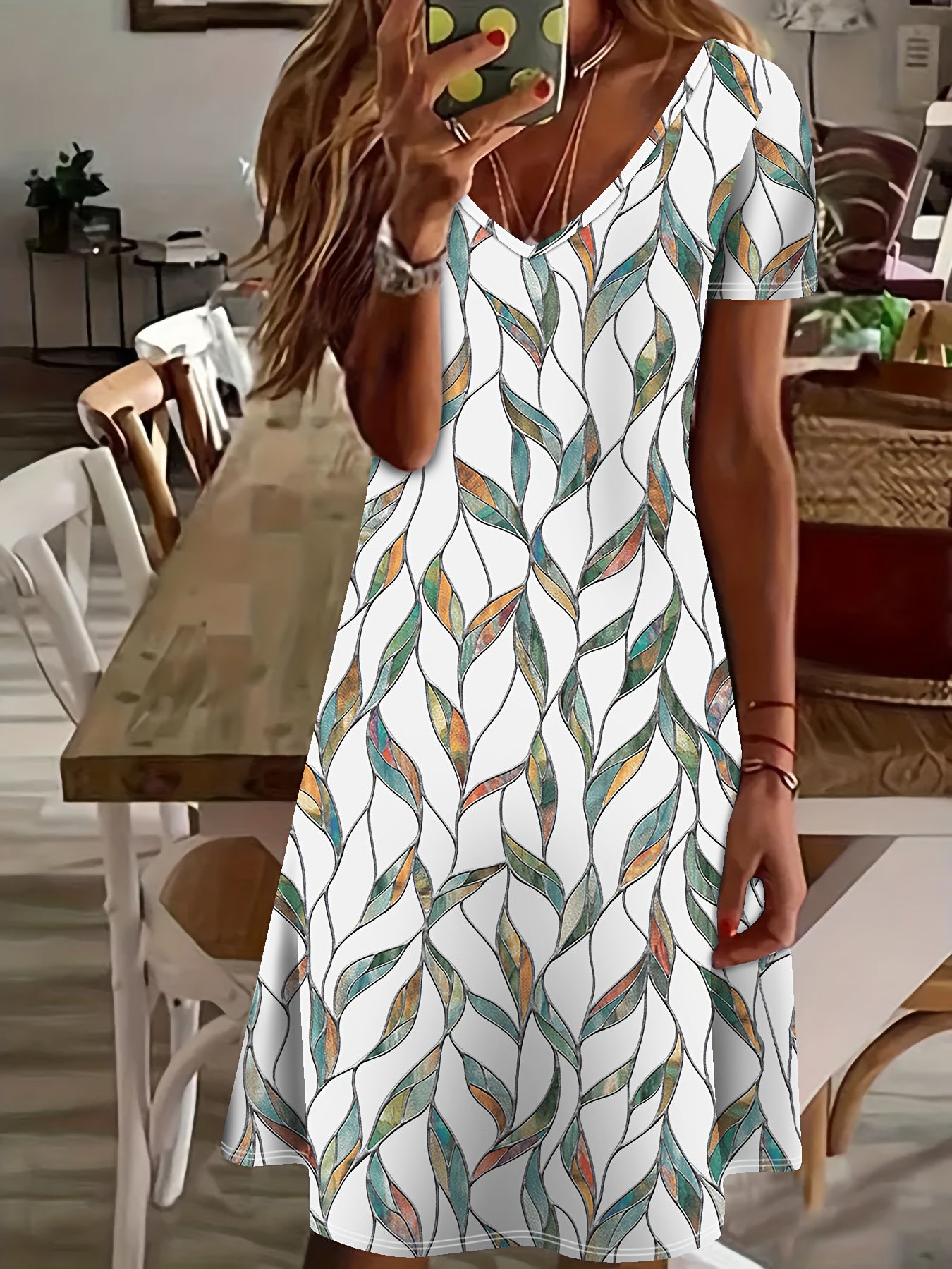 Women’s Summer Midi Dress – Lightweight Short Sleeve Botanical Print Dress