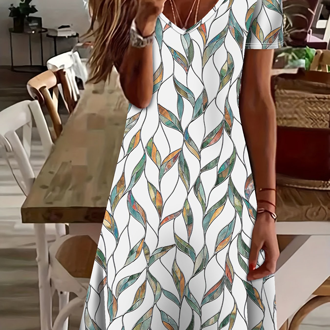 Women’s Summer Midi Dress – Lightweight Short Sleeve Botanical Print Dress