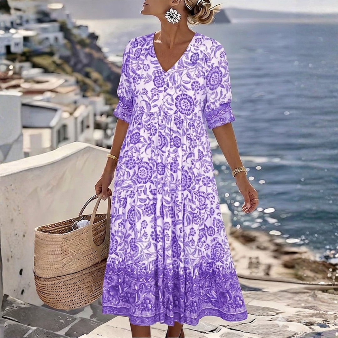 AURORA™ - ELEGANT FLORAL V-NECK A-LINE DRESS