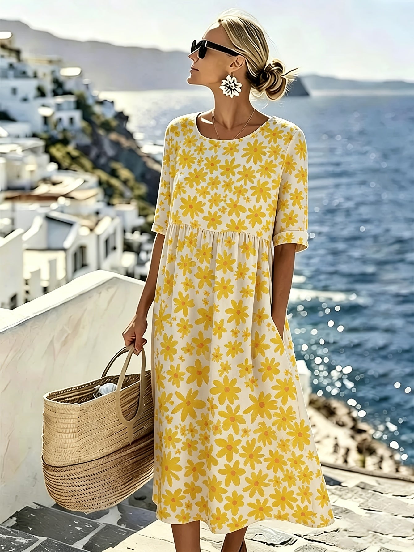 Dames Midi-jurk met paars-witte madeliefjes bloemenprint, ronde hals, driekwartmouwen, losse pasvorm, zomerjurk voor strandvakantie, casual jurk voor dames