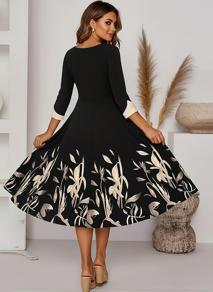 Three-Quarter Sleeve Floral A-Line Midi Dress – Wedding Guest
