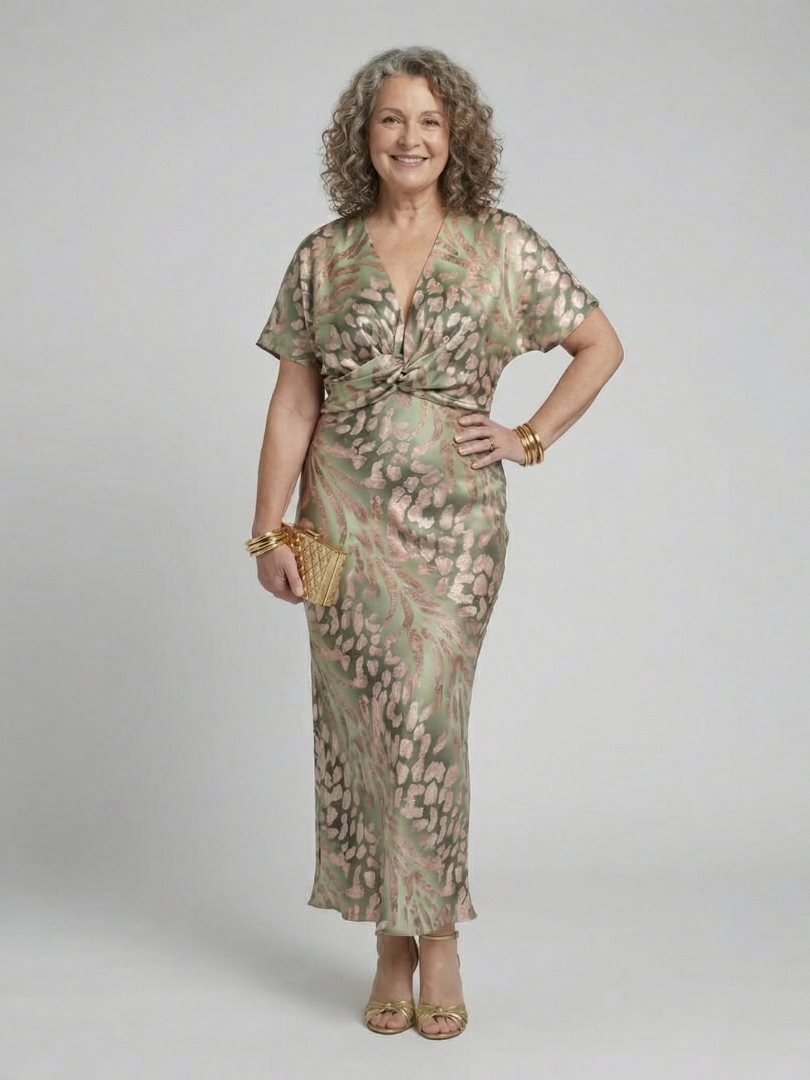 Ernest London  | Abstract Print V Neck Twist Waist Midi Dress