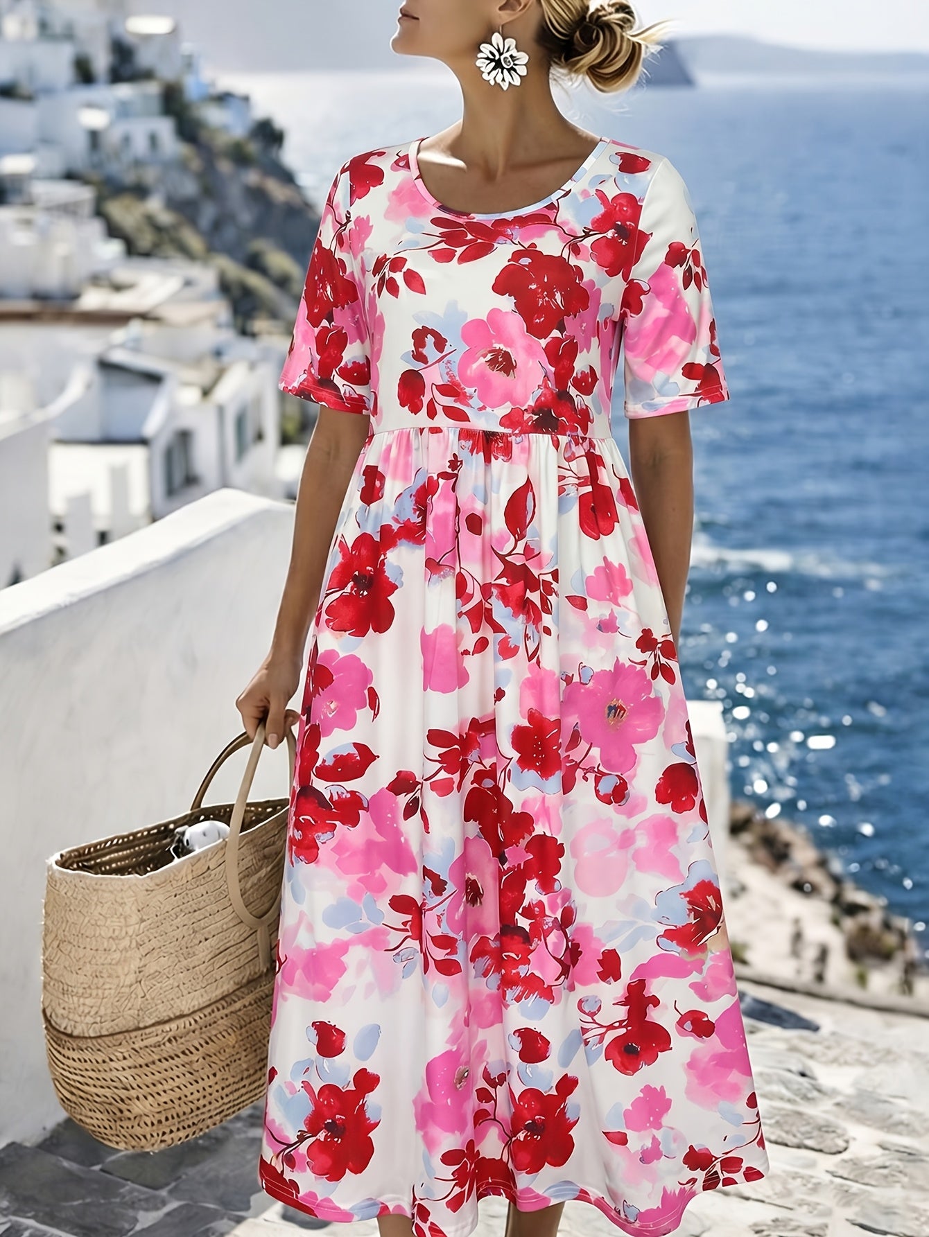 Vacation Direction Lente Zomer Nieuwe Bloemenprint Volledige Print met Zakken Design Casual Veelzijdige Damesjurk
