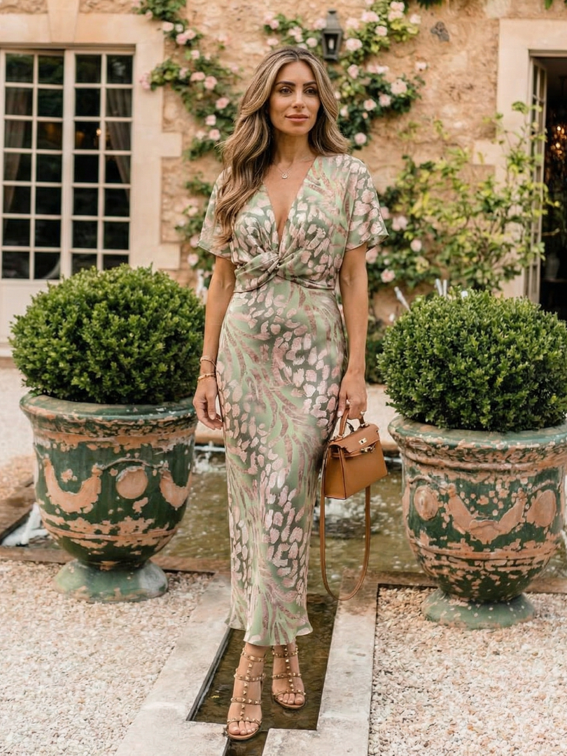 Ernest London  | Abstract Print V Neck Twist Waist Midi Dress