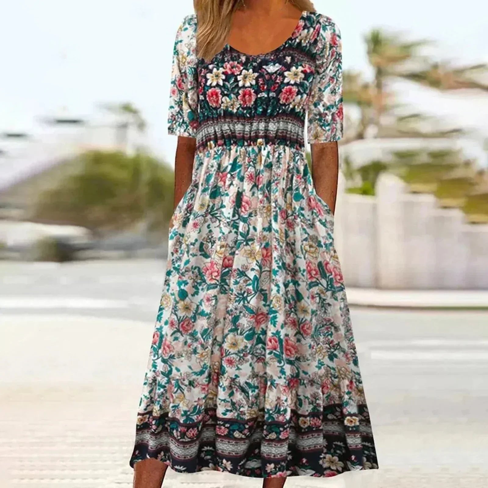 GRACIE | ELEGANT BOHO TUMMY-COVERAGE MIDI DRESS