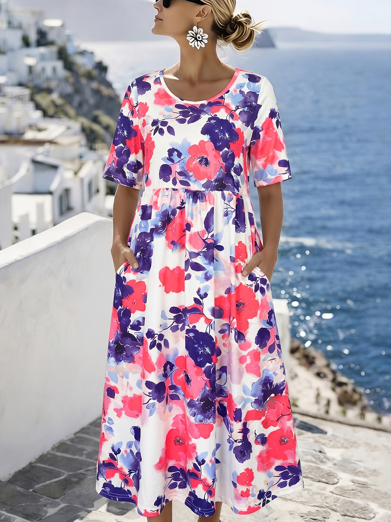 Vacation Direction Lente Zomer Nieuwe Bloemenprint Volledige Print met Zakken Design Casual Veelzijdige Damesjurk