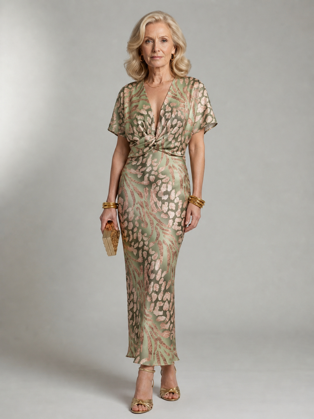 Ernest London  | Abstract Print V Neck Twist Waist Midi Dress