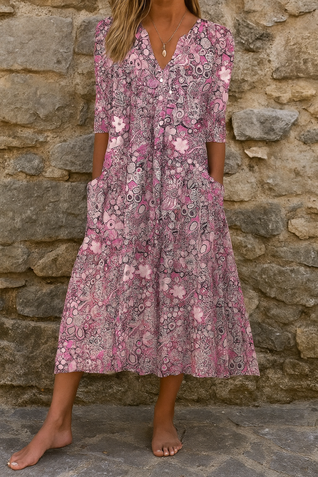 Élise | Printed V Neck Midi Dress