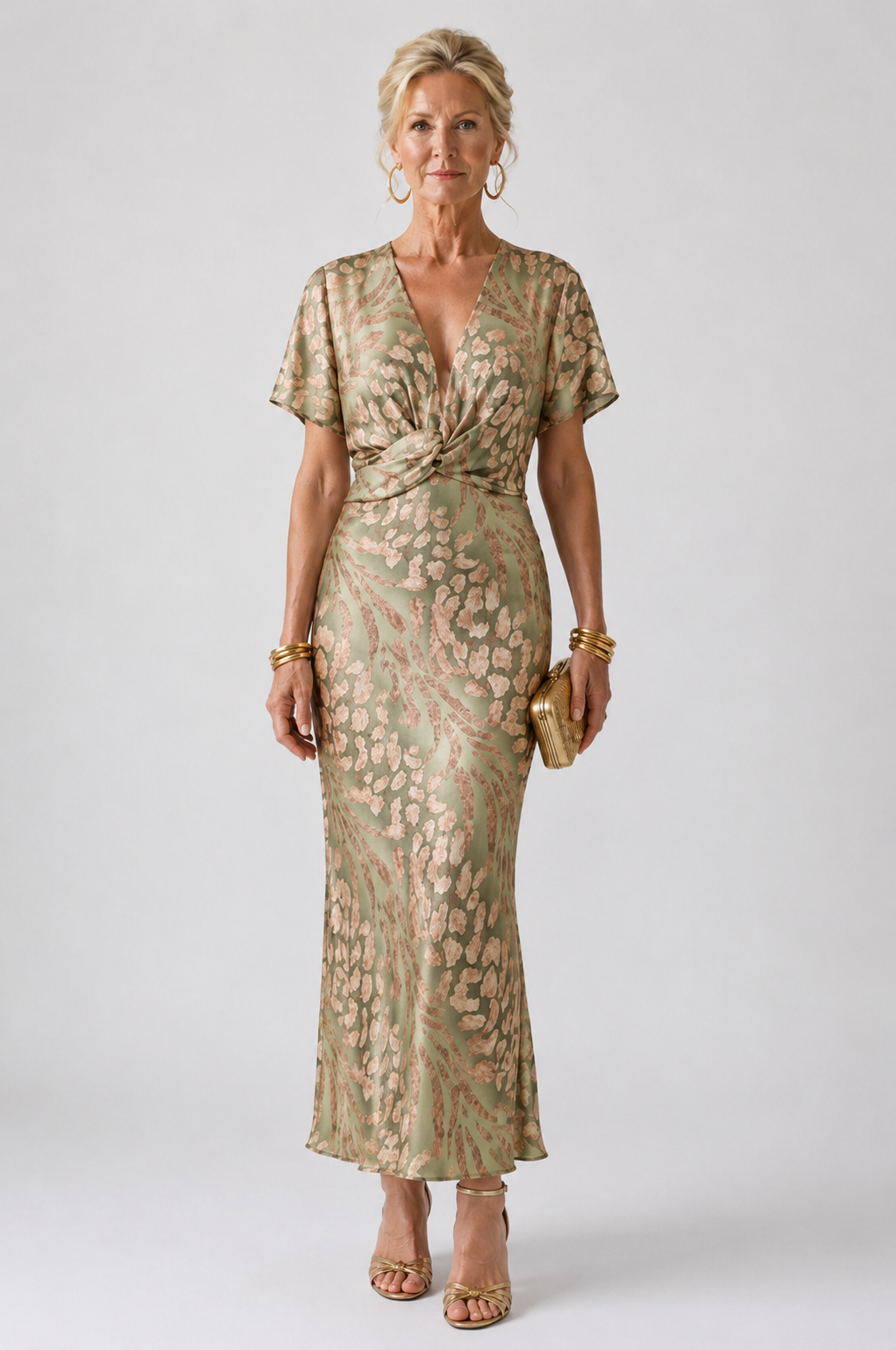 Ernest London  | Abstract Print V Neck Twist Waist Midi Dress