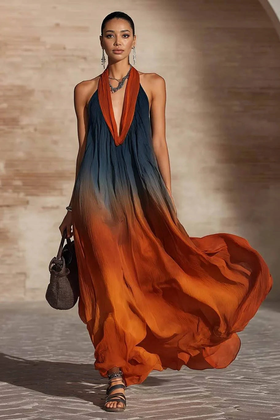 Paula | Gradient Halterneck V Neck Maxi Dress