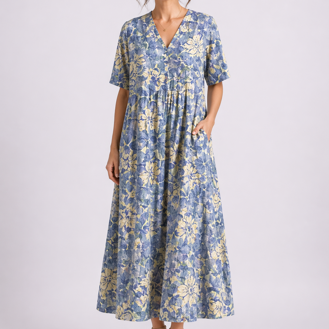 Women's Floral Midi Dress with V-Neck and Short Sleeves